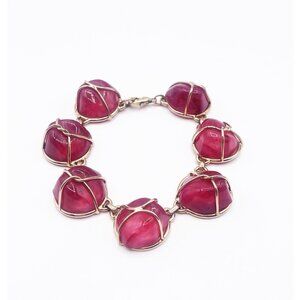 Vintage Raspberry Art Glass Cabochon Bracelet Gold Tone Wire Wrapped Chunky Boho